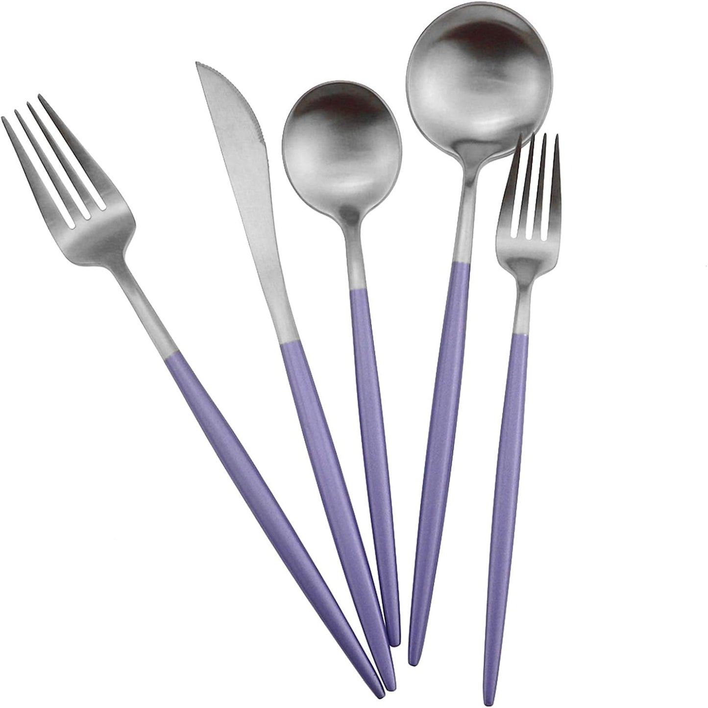 Gugrida Luxury Flatware, Royal 5 Piece Matte Purple Handle 18/10 Stainless Steel Tableware Sets for 1 Including Forks Spoons Knives, Camping Silverware Travel Utensils Set Cutlery (Purple Silver)