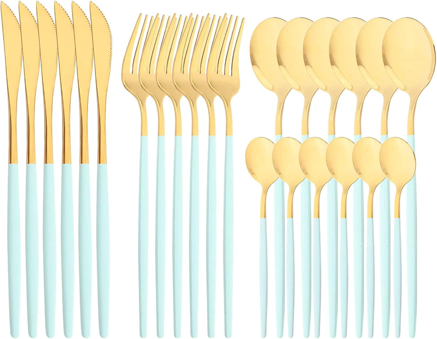 Mirror Cutlery Serving Set, 24-piece 18/0 Stainless Steel Silverware With Mint Green Handle Simple & Modern Tableware For Home Party Dinner, Service For 6 (Mint Green Gold)