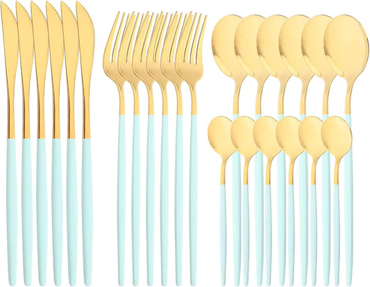 Mirror Cutlery Serving Set, 24-piece 18/0 Stainless Steel Silverware With Mint Green Handle Simple & Modern Tableware For Home Party Dinner, Service For 6 (Mint Green Gold)