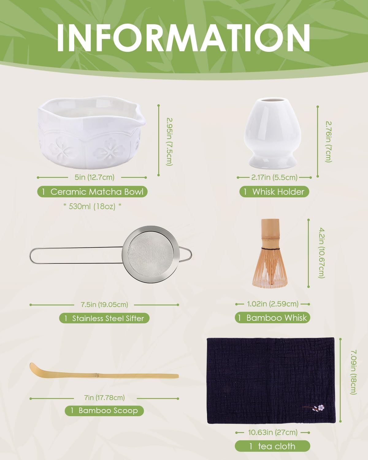 Matcha Whisk Set, Ceramic Matcha Set Includes Matcha Bowl with Spout, Matcha Whisk and Holder, Bamboo Scoop, Sifter and Tea Towel - 6 Pcs Matcha Kit Gift for Matcha Lovers Beginners (White)