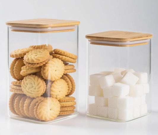38+20 oz Glass Food Storage Jars with Airtight Lids, Clear Glass Jar with Bamboo Lid, Airtight Food Canister for Tea, Candy, Coffee, Sugar, Cookie, Snack. (Square | 5+6 Inch)