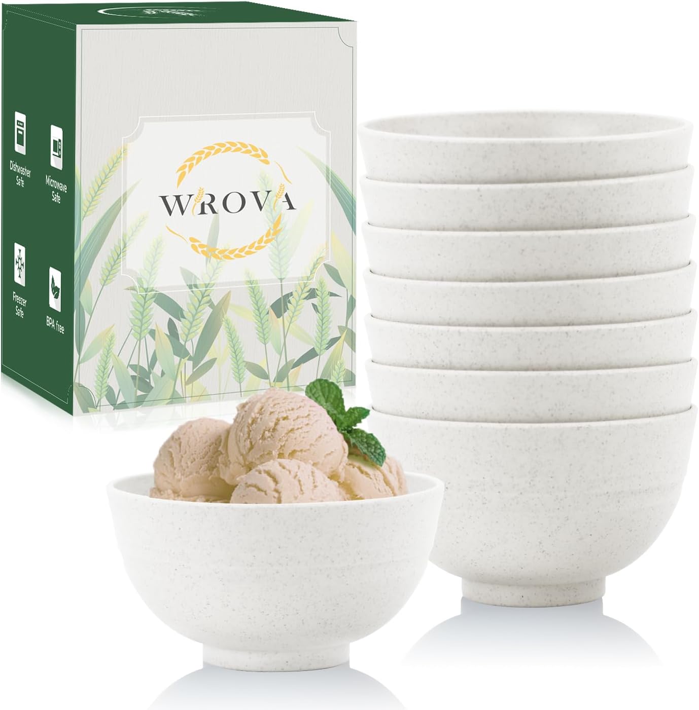 Wrova Wheat Straw Snack Bowls 10oz Set of 8 - Unbreakable Dessert Bowl for Kids - Small White Bowls for Ice Cream,Snack and Fruits - Microwave & Dishwasher Safe Mini Appetizer Bowl Sets - White