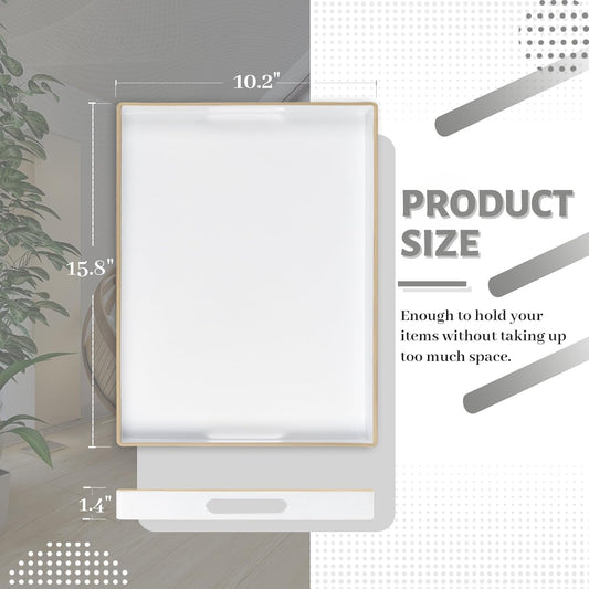 MAONAME White Decorative Tray for Coffee Table, Modern Serving Tray with Handles, Plastic Rectangular Tea Tray for Ottoman, Bathroom Decor, 15.8” X 10.2” x1.4