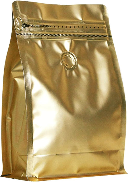 150 Pack High Barrier Stand-Up Coffee Bean Bags with Vented Valve, Matte Metallic, Heat-Sealable and Resealable Solid Color Pouches for Food Storage (6 * 12.8 inch,2 lb,32 oz,Golden)