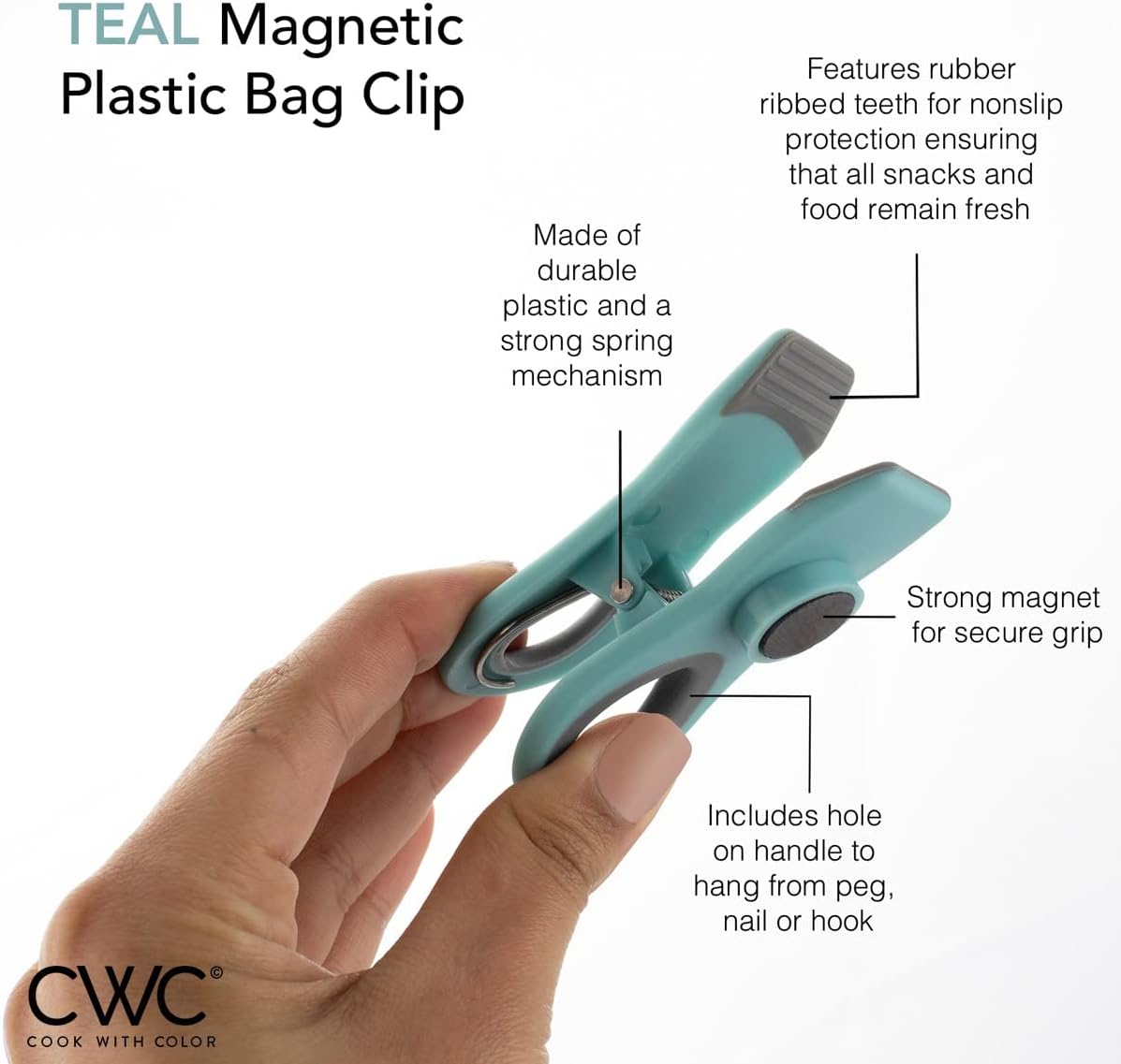COOK WITH COLOR Bag Clips with Magnet- Food, Chip and Bag Clips for Food Storage with Airtight Seal Grip for Bread Bags, Snack Bags and Food Bags (Teal, Pack of 10)