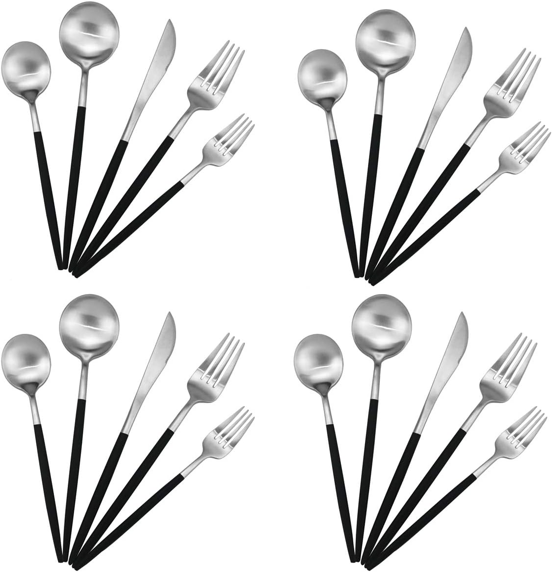 Gugrida 20-Piece 18/10 Stainless Steel Flatware Silverware, Luxury Dinnerware Set Travel Cutlery Tableware Include Knife Fork Spoon Service for 4, Dishwasher Safe (Black Handle Matte Silver)