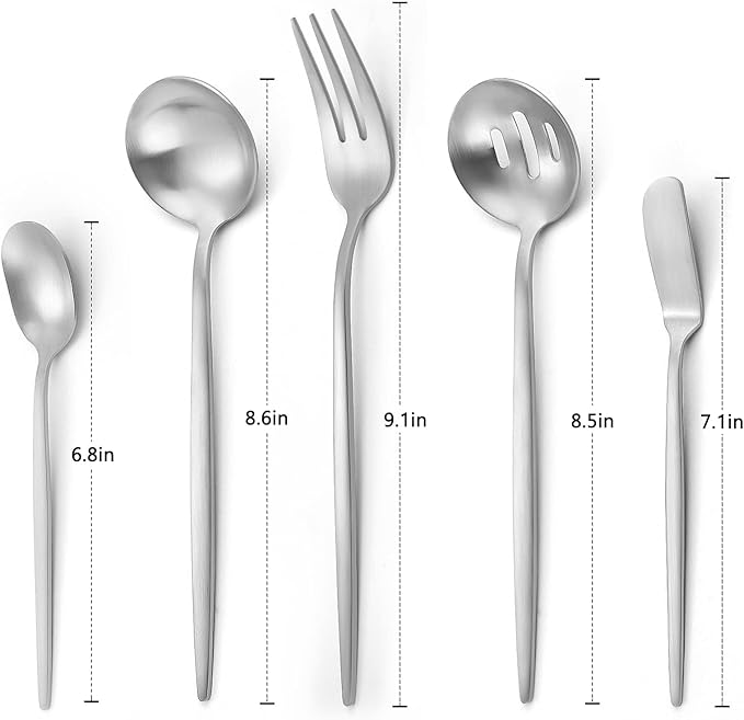Matte Serving Silverware Set, 5-Piece Round Shared Utensils Set of Stainless Steel, Hostess Flatware Serving Set, Satin Finish, Dishwasher Safe