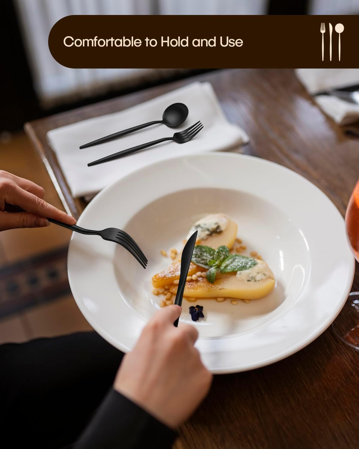 Stapava 60-Piece Matte Black Silverware Set, Stainless Steel Flatware Set for 12, Satin Finish Tableware Cutlery Utensils Set, Include Forks Spoons and Knives Set for Home Restaurant, Dishwasher Safe