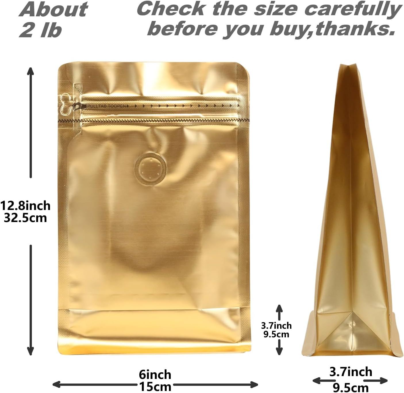 150 Pack High Barrier Stand-Up Coffee Bean Bags with Vented Valve, Matte Metallic, Heat-Sealable and Resealable Solid Color Pouches for Food Storage (6 * 12.8 inch,2 lb,32 oz,Golden)