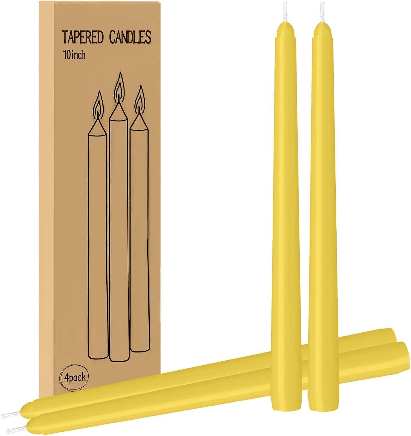 4 Pack Yellow Taper Candles - Taper Candles 10 Inch Dripless, Smokeless & Unscented - 8 Hours Long Burning - Ideal for Weddings, Dinner Parties, and Home Decor