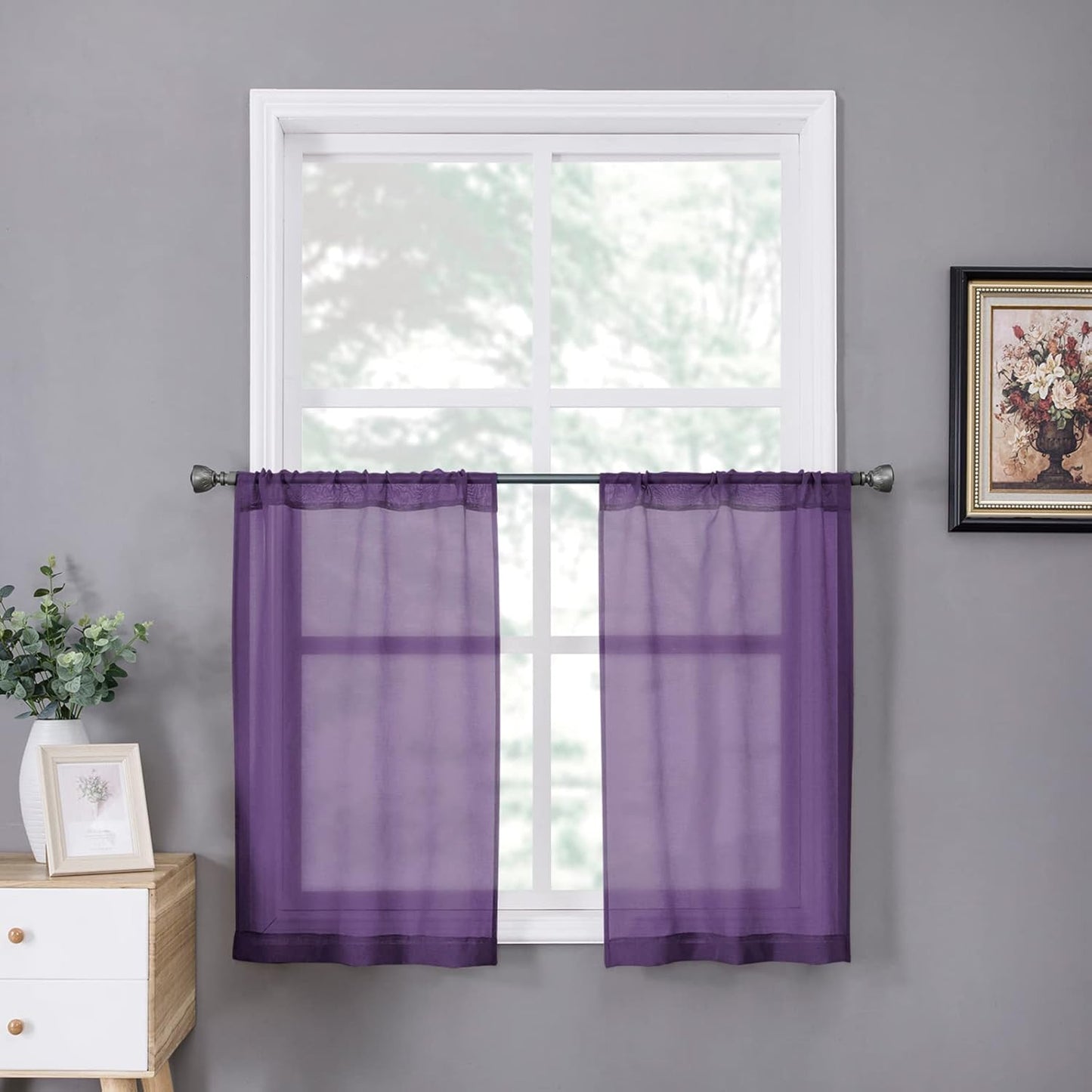 Tollpiz Sheer Tier Curtains Kitchen Linen Textured Half Curtain Sheers Light Filtering Rod Pocket Voile Bathroom Short Curtains for Farmhouse, 25 x 30 inches Long, Royal Purple, Set of 2 Panels