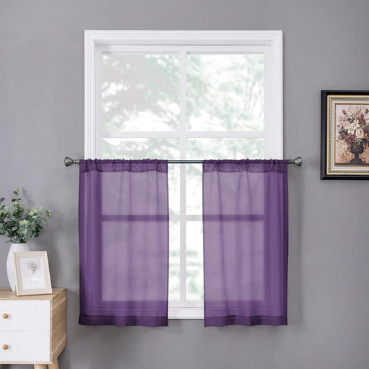 Tollpiz Sheer Tier Curtains Kitchen Linen Textured Half Curtain Sheers Light Filtering Rod Pocket Voile Bathroom Short Curtains for Farmhouse, 25 x 30 inches Long, Royal Purple, Set of 2 Panels