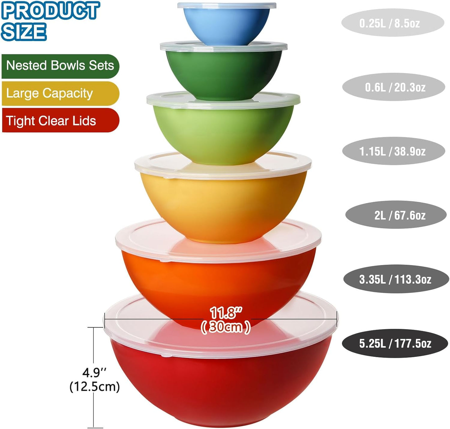 6-Piece Plastic Mixing Bowl Set with Lids for Kitchen, Nesting Storage Bowls for Baking, Prepping,Cooking and Serving Food, Dishwasher, Microwave Safe,Great for Mixing & Serving(6 Set-Rose Red)