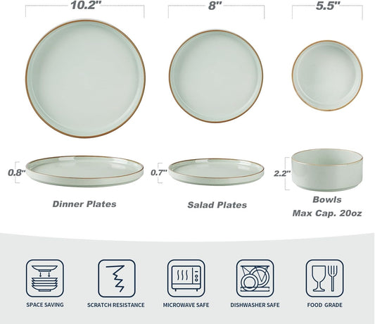 Famiware Nebula Plates and Bowls Sets for 4, 12 Pieces Stoneware Dinnerware Set, Microwave and Dishwasher Safe Dishes Set, Light Green with Brown Rim