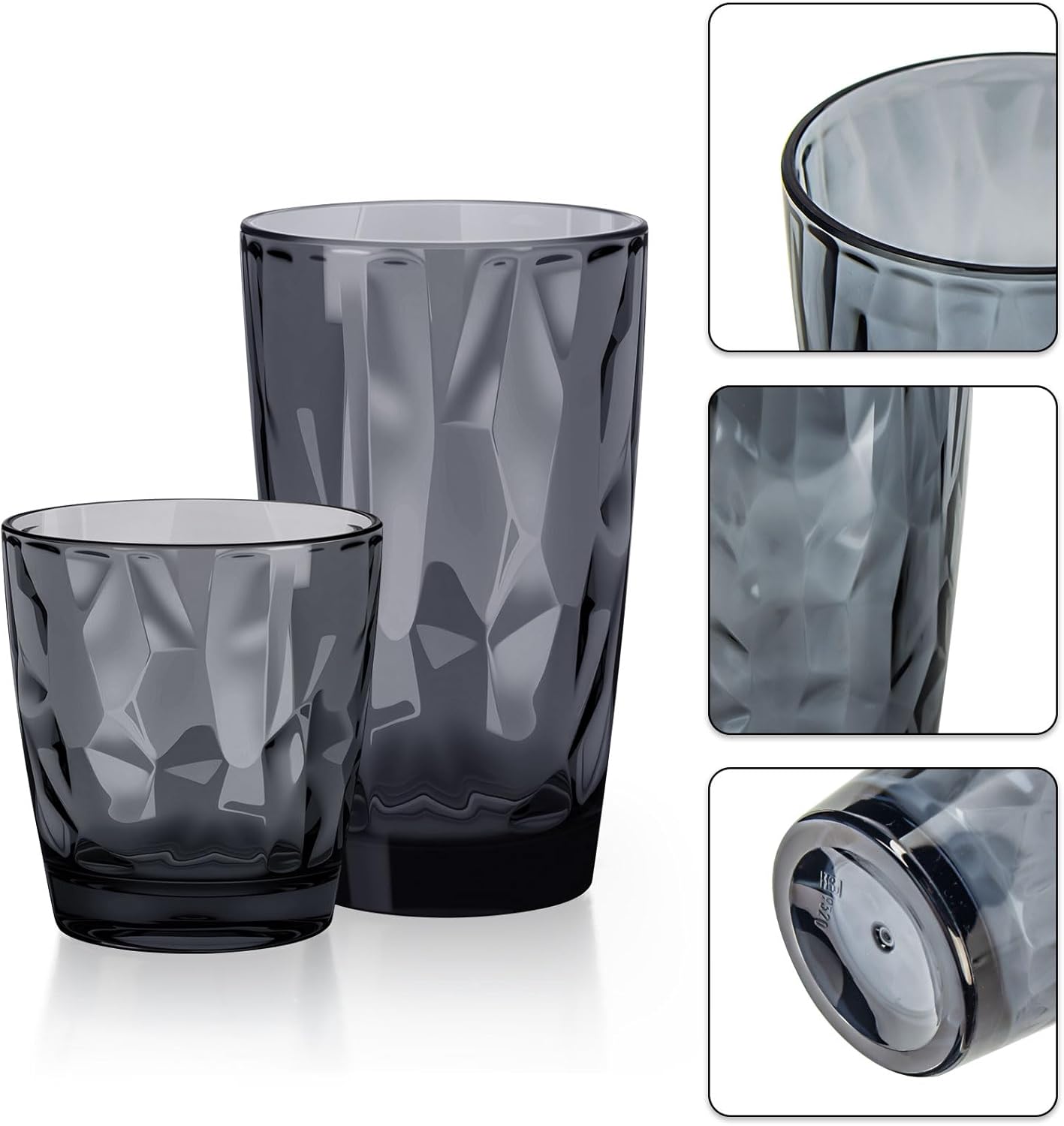 Topsky Plastic Tumblers Reusable,Shatter Proof Cups Drinking Glasses,Unbreakable Plastic Tumblers Beverage Acrylic Juice Wine Cups for Home Picnic Party,Dishwasher Safe,Stackable|10-oz&16-oz|Gray