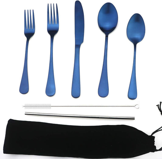 JASHII Modern Royal 5 Pcs Matte Blue 18/10 Stainless Steel Utensils Cutlery Dinnerware Set w/Straw, Knife Fork and Spoon Flatware Set for Wedding Festival Christmas Party Service for 1