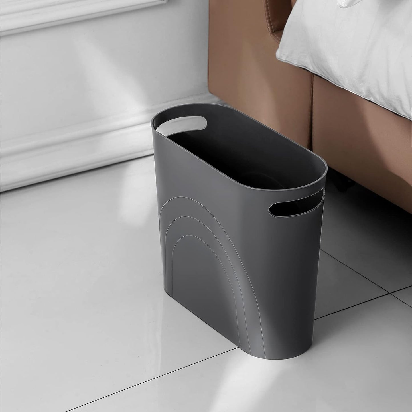 rejomiik Small Trash Can, 3.5 Gallon Slim Garbage Can Plastic Waste Basket with Handles Container Bin for Narrow Spaces Bathroom, Bedroom, Kitchen, Office at Home, Dark Gray