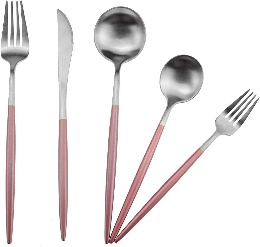 Gugrida Luxury Flatware, Royal 5 Piece Matte Pink Handle 18/10 Stainless Steel Tableware Sets for 1 Including Forks Spoons Knives, Camping Silverware Travel Utensils Set Cutlery (Pink Silver)