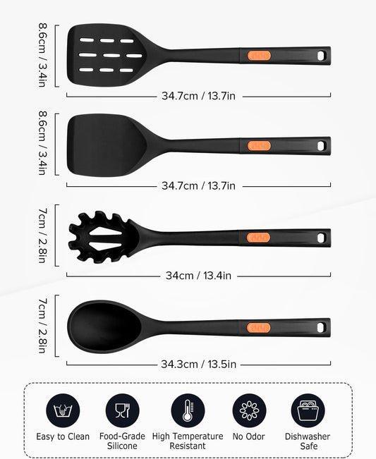 Silicone Spatulas and Spaghetti Spoons, 4 Pack Heat Resistant Full Silicone Cooking Utensils Set, Non Stick Large Kitchen Spatula Spoons for Cooking, Mixing, Serving, Draining