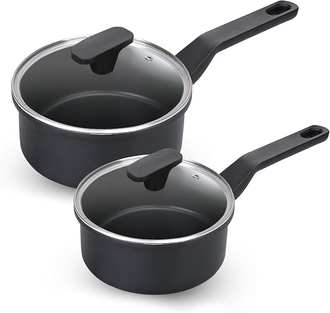 Nonstick Sauce Pan with Lid,1.5Qt & 2Qt Set, PFOA Free,Kitchen Pots Induction Pot,Black