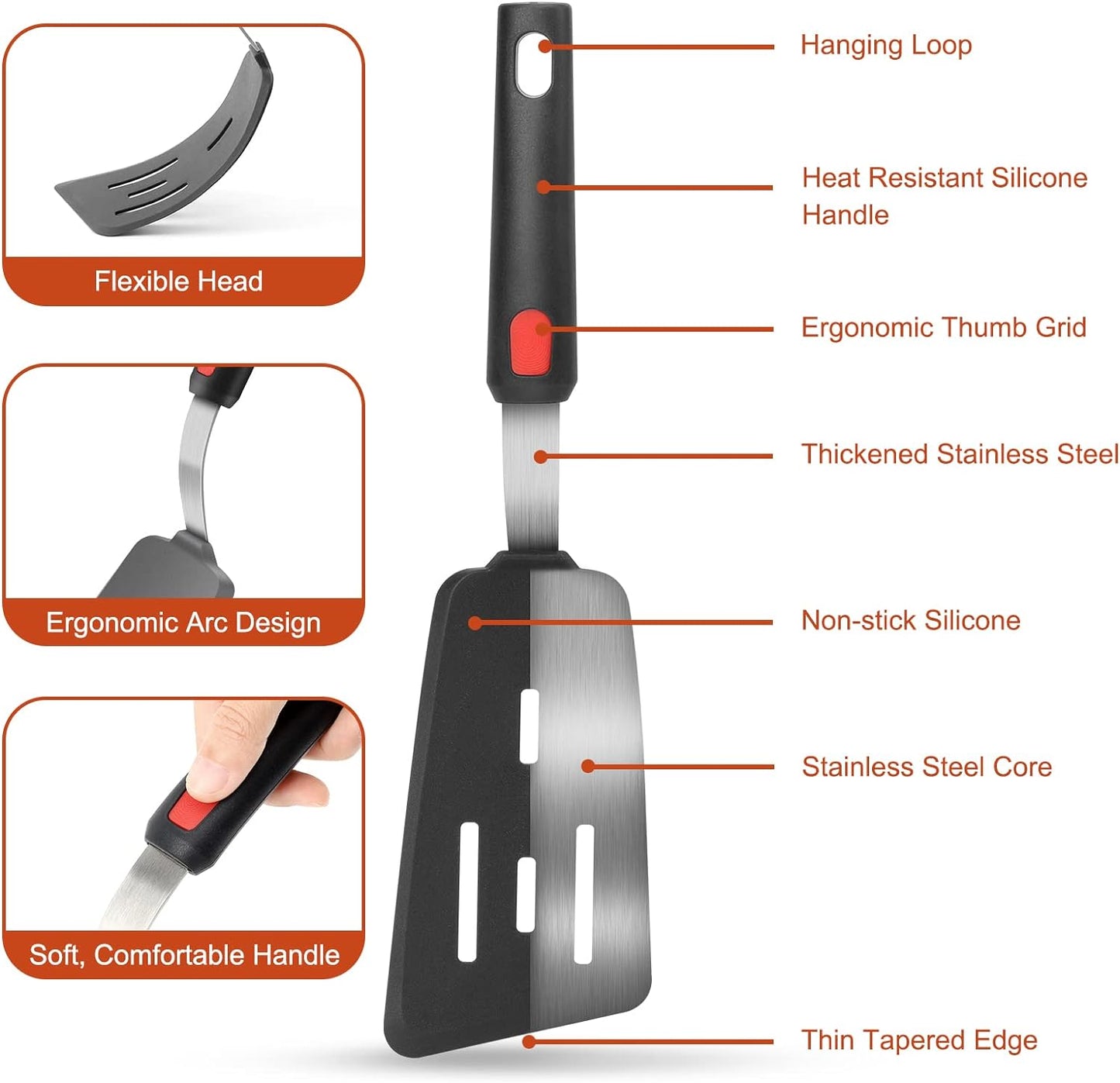 Hotec Silicone Spatula Turner for Nonstick Cookware, Cooking Spatulas 600°F Heat Resistant Large Flexible Rubber Spatula Set of 3, Kitchen Utensils for Flipping Eggs, Burgers, Pancakes, Crepes