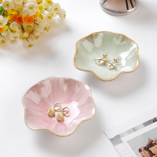 2PCS Lotus Leaf Shape Ring Holder Dish, Small Key Bowl, Ceramic Trinket Tray Jewelry Dish Organizing Necklace Earrings for Mom Friend Sister, All Jewelries Are NOT Included.Pink+Light Green.…