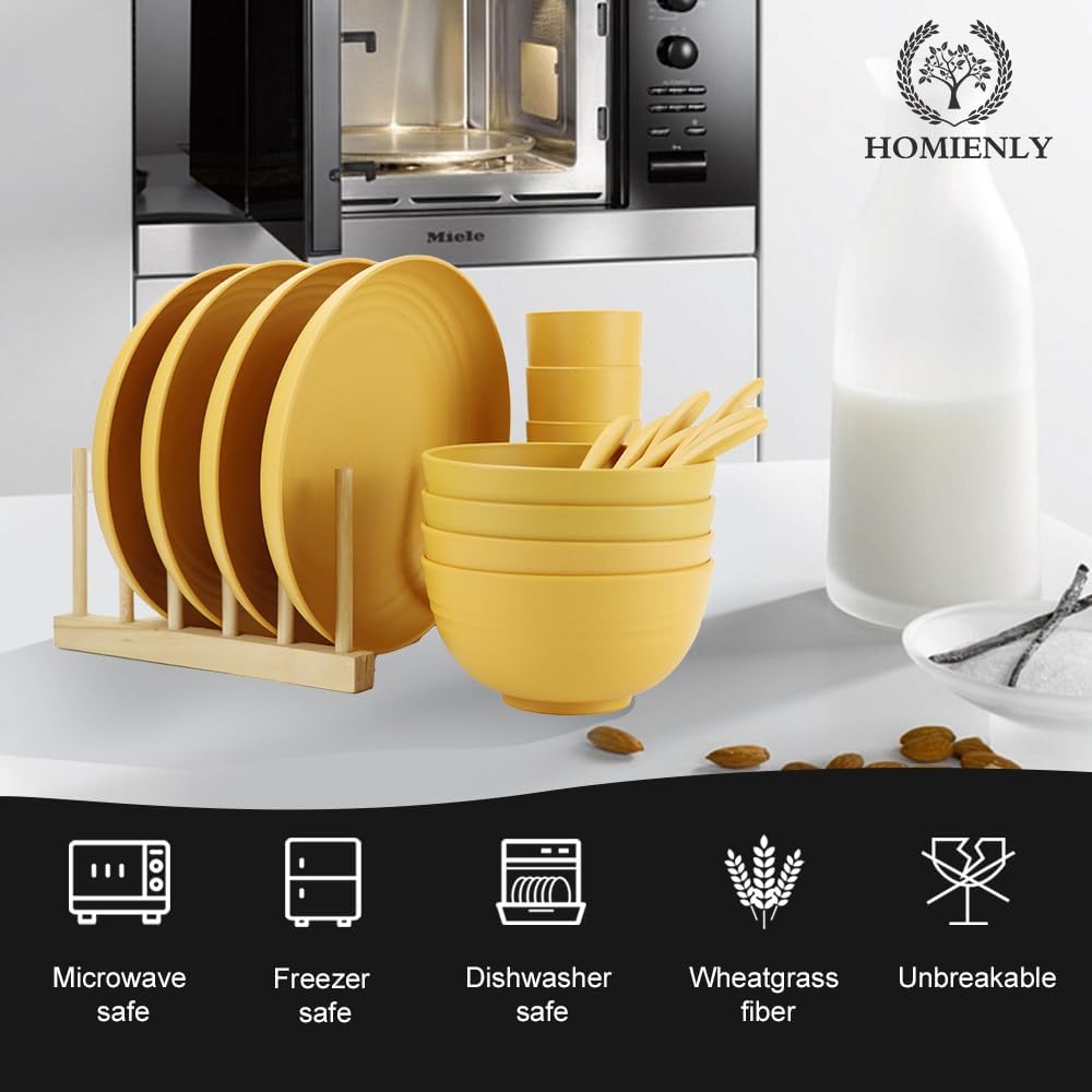 Wheat Straw Dinnerware Sets, Homienly 20pcs Unbreakable Microwave Dishwasher Safe Tableware Lightweight Bowls, Cups, Plates Set Reusable Dinner Plates Bowls set (Yellow)