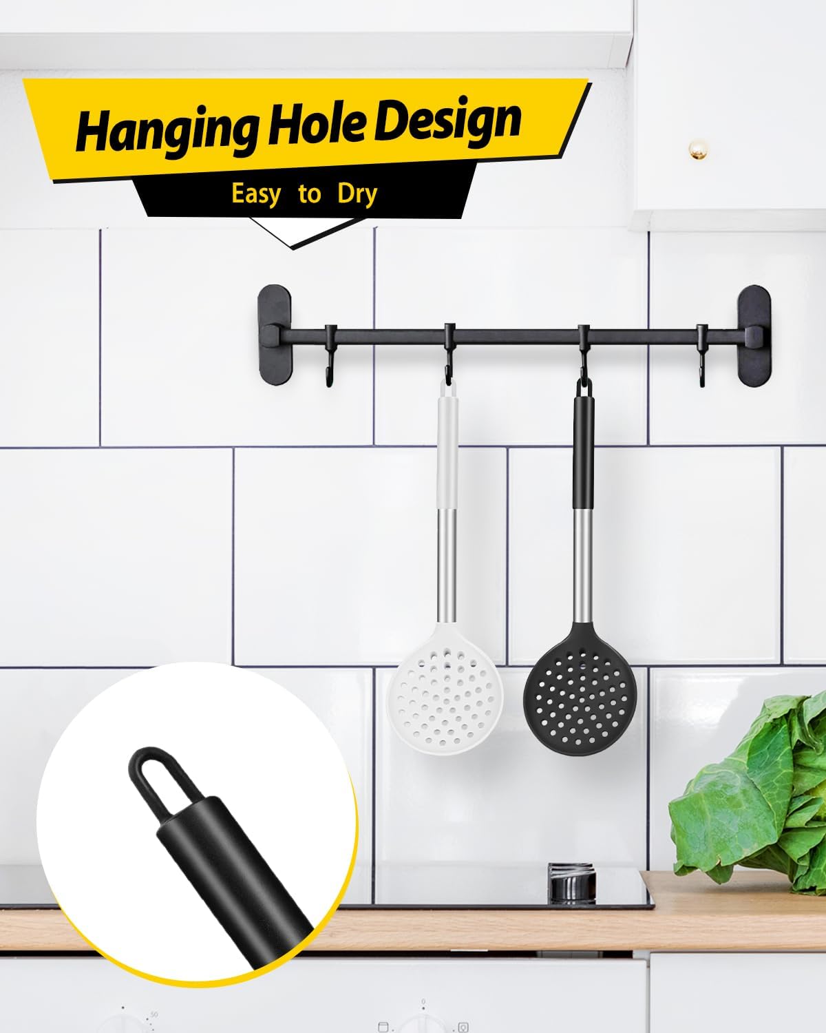 Kitchen Ladle Strainer Set of 2 Large Slotted Spoon with High Heat Resistant BPA Free Non Stick Cooking Skimmers For Draining and Frying (Black-White)
