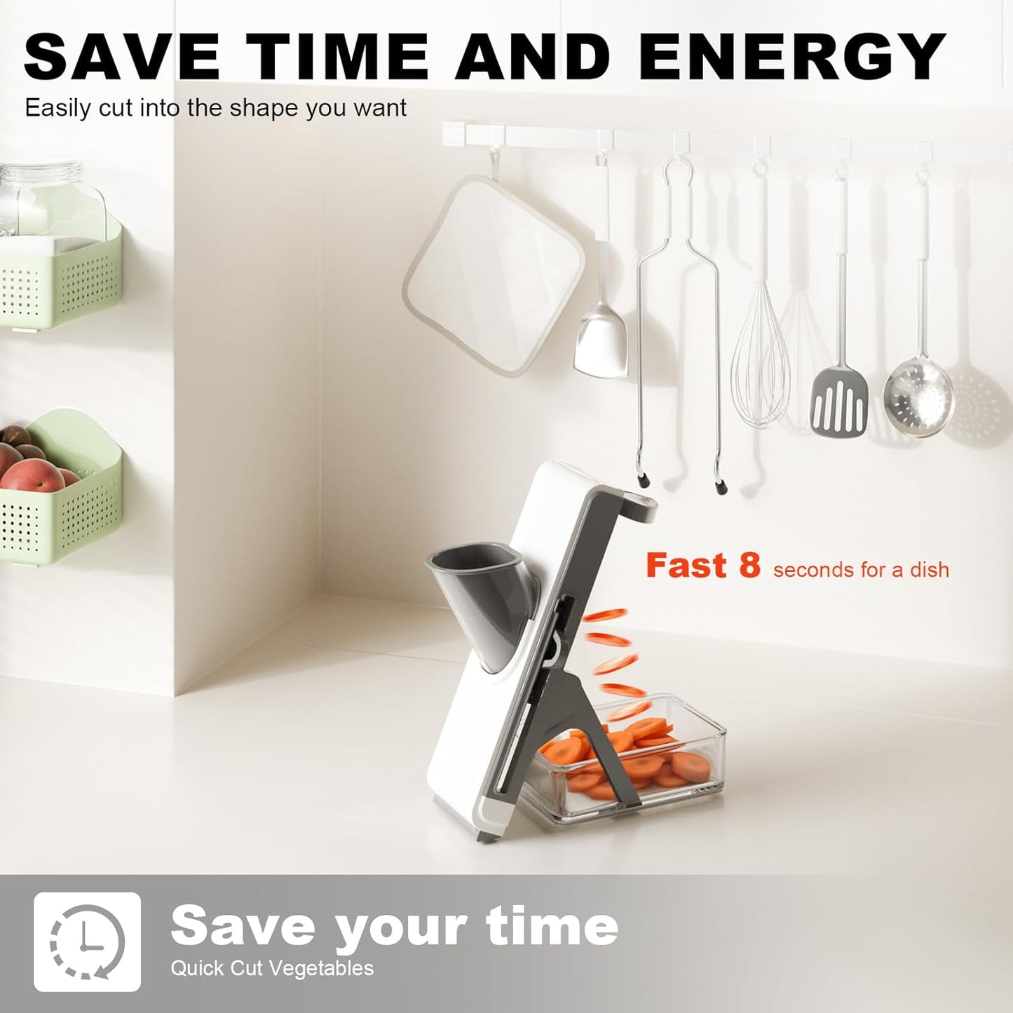 FEICO Upgrade Safe Mandoline Slicer potato slicer - Adjustable Mandoline Slicer food chopper, Fries Cutter, Kitchen Chopping Artifact, Gift (White-dark gray)