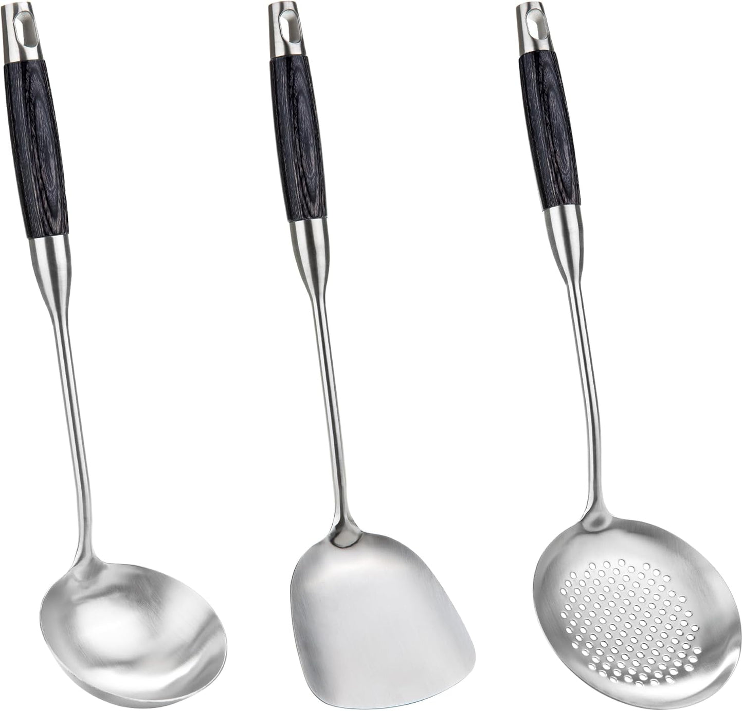 FJNATINH Wok Spatulas Soup Ladle Skimmer Ladle Set, Stainless Steel Wok Tools with Wooden Handle Wok Accessories Sets Cooking Utensils,3 PCS