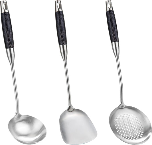 FJNATINH Wok Spatulas Soup Ladle Skimmer Ladle Set, Stainless Steel Wok Tools with Wooden Handle Wok Accessories Sets Cooking Utensils,3 PCS