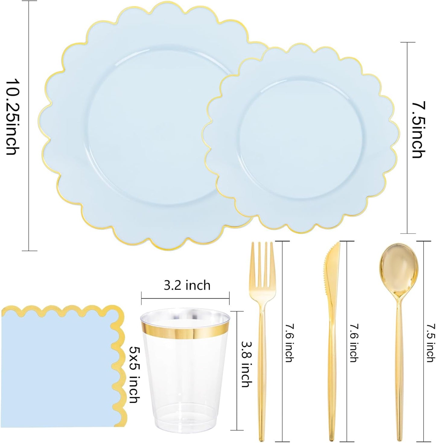 LIYH 210 Pcs Light Blue Plastic Dinnerware Set - Baby Blue Plastic Plates Napkins with Gold Foil Include Bridal Shower Plates Disposable Gold Silverware Napkins Cups for Birthday 30 Guests