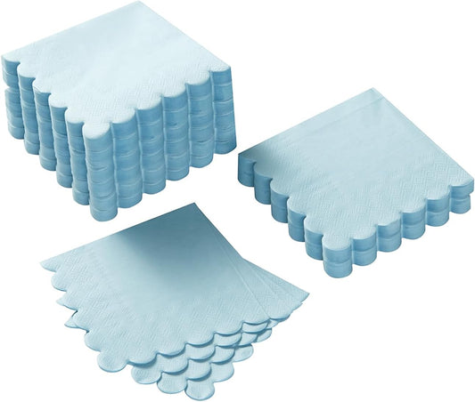 100 Pack Cocktail Napkin 2-Ply Scalloped Edged Dessert Napkins Folded 5 x 5 Inches Disposable Napkins for Dinner Wedding Birthday Party Bridal Anniversary Reception Event (Light Blue)