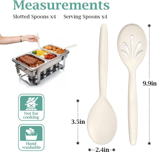 8 Pack 10" Large Reusable Plastic Wheat Straw Serving Spoon Set, 4 Serving Spoons & 4 Slotted Spoons, Kitchen Mixing Serving Spoon for Buffet Chafing Dish Catering (Khaki, Not for Cooking)
