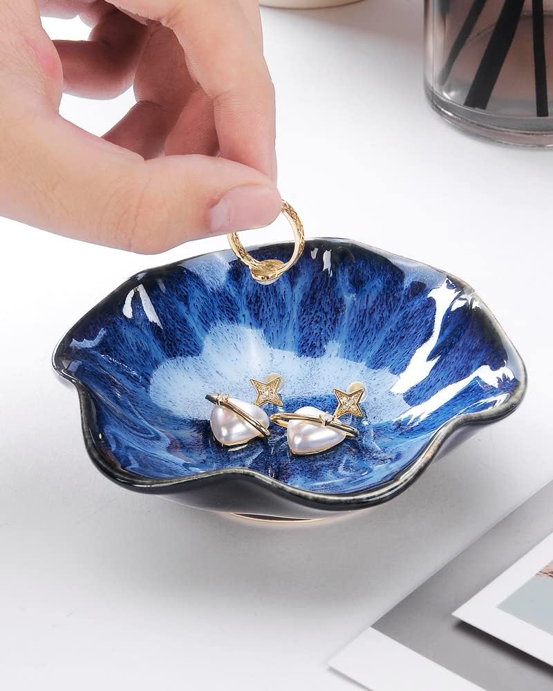 2PCS Lotus Leaf Shape Ring Holder Dish, Small Key Bowl, Ceramic Trinket Tray Jewelry Dish Organizing Necklace Earrings for Mom Friend Sister, All Jewelries Are NOT Included. Blue+Pink.…