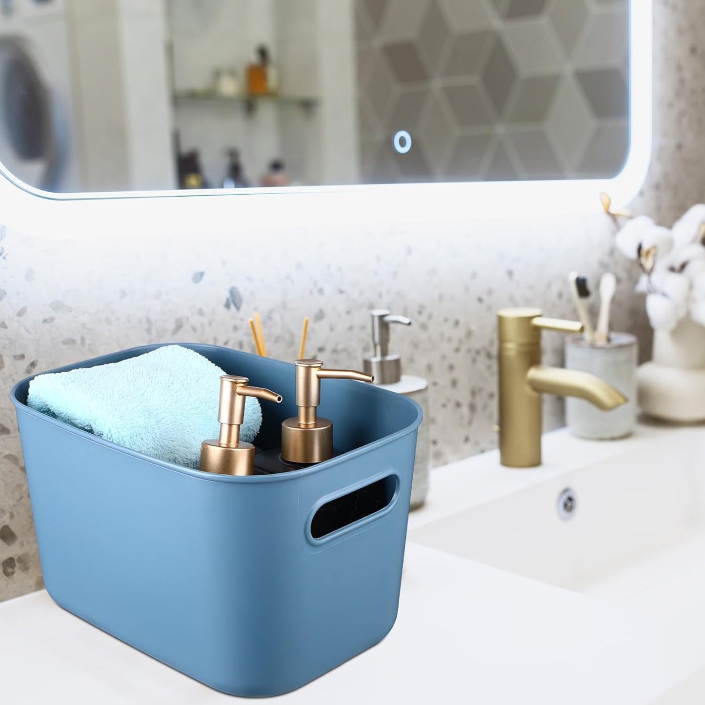 Hoolerry 8 Pieces Colorful Storage Bins with Lid, Plastic Storage Basket Organizing Container Stackable Box with Handle for Shelves Desktop Playroom Office(16.1 x 12.0 x 9.7 Inch,Blue)