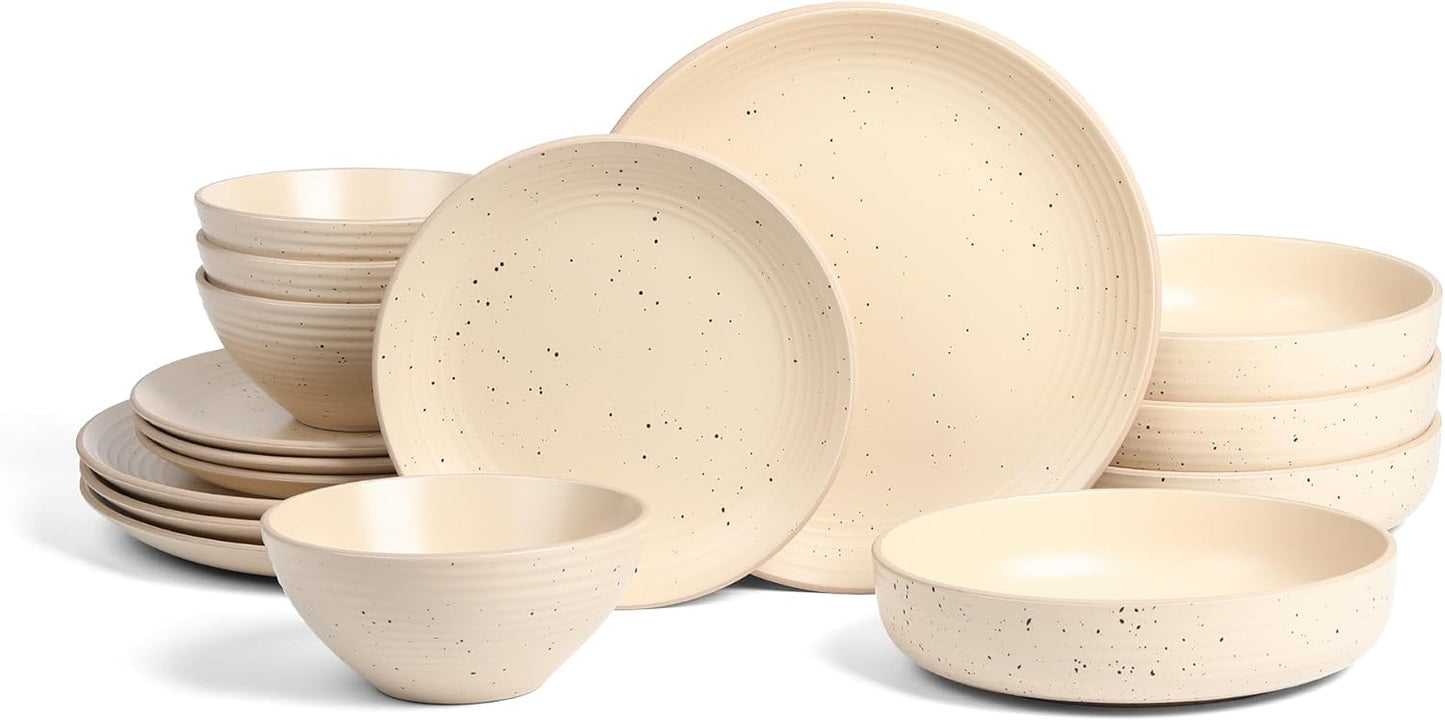 Stone Lain Lauren Modern Stoneware 32-piece Round Dinnerware Set, Plates and Bowls Set, Dish set for 8, Beige