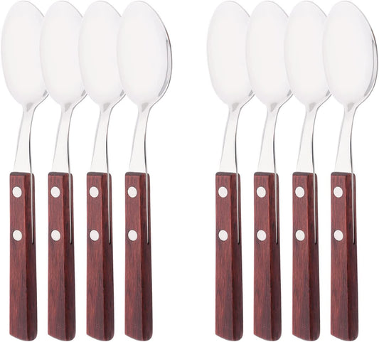 8 PCS Dinner Spoon Set, 304 Stainless Steel Table Spoons with Red Wooden Square Handles, 7.9" Long