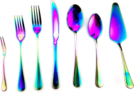 Gugrida 19 Pcs Mirror Polished Reusable Utensils Vitalt Eco-Friendly Stainless Steel Rainbow Flatware Dinnerware Set, Shiny Cutlery Knife Fork Spoon Fruit Fork Set & 1x Cake shovel, Service for 3