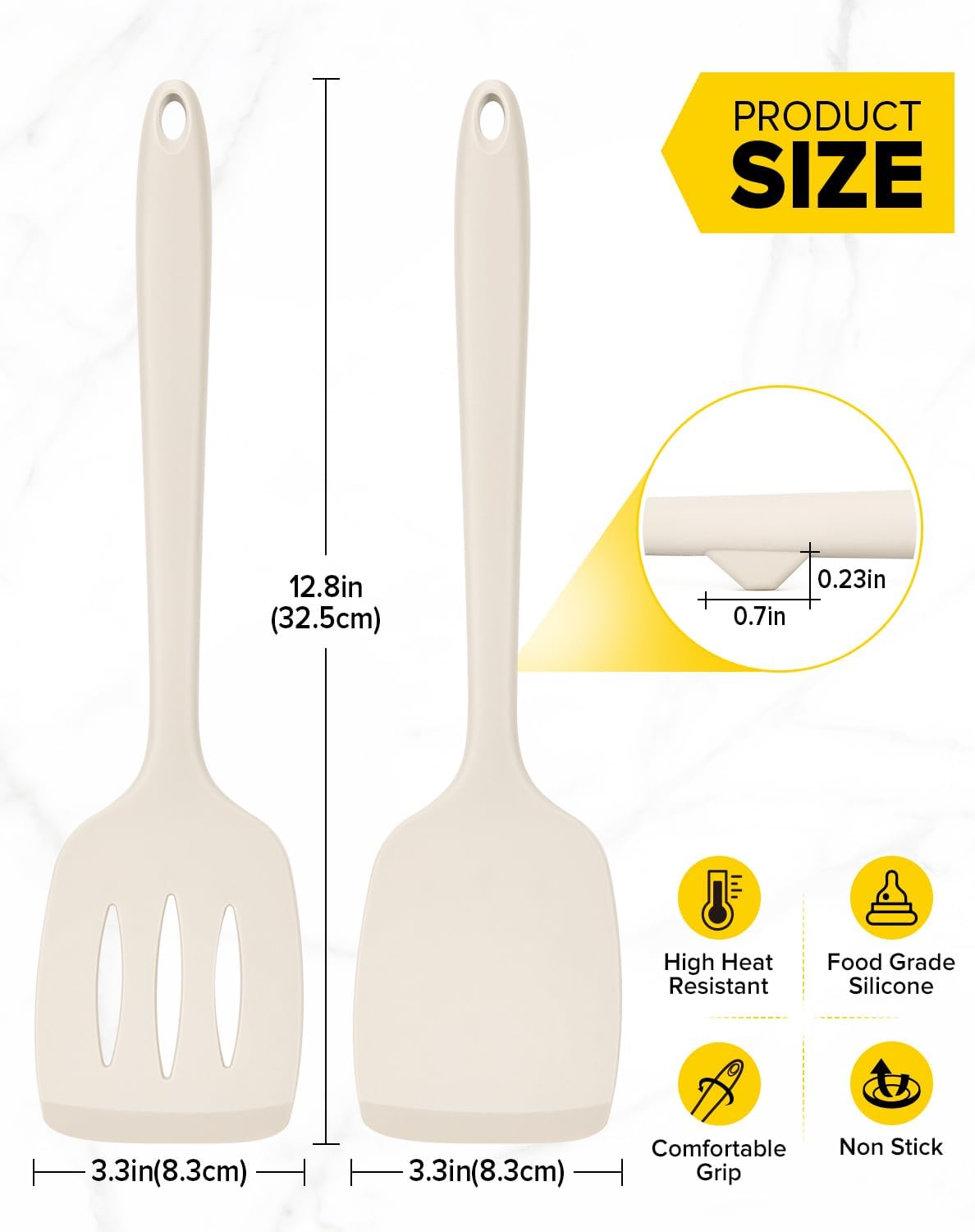 Pack of 2 Silicone Spatula Turners, Non Stick Slotted Kitchen Spatula Set, Heat Resistant BPA Free Kitchen Utensils, One-Piece Design, Suitable for Flipping Fish, Eggs, Steak, Pancakes(KHAKI)