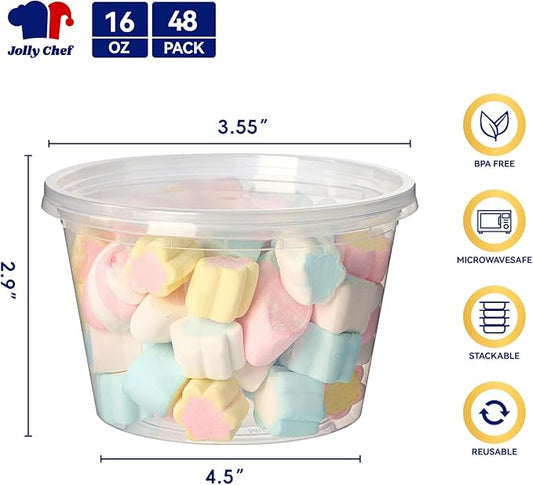 JOLLY CHEF Deli Food Storage Containers with Lids 16 OZ 48 Set, Slime, Soup, Meal Prep Containers, BPA Free,Microwavable, Freezer Safe,Takeout Meal Prep Storage
