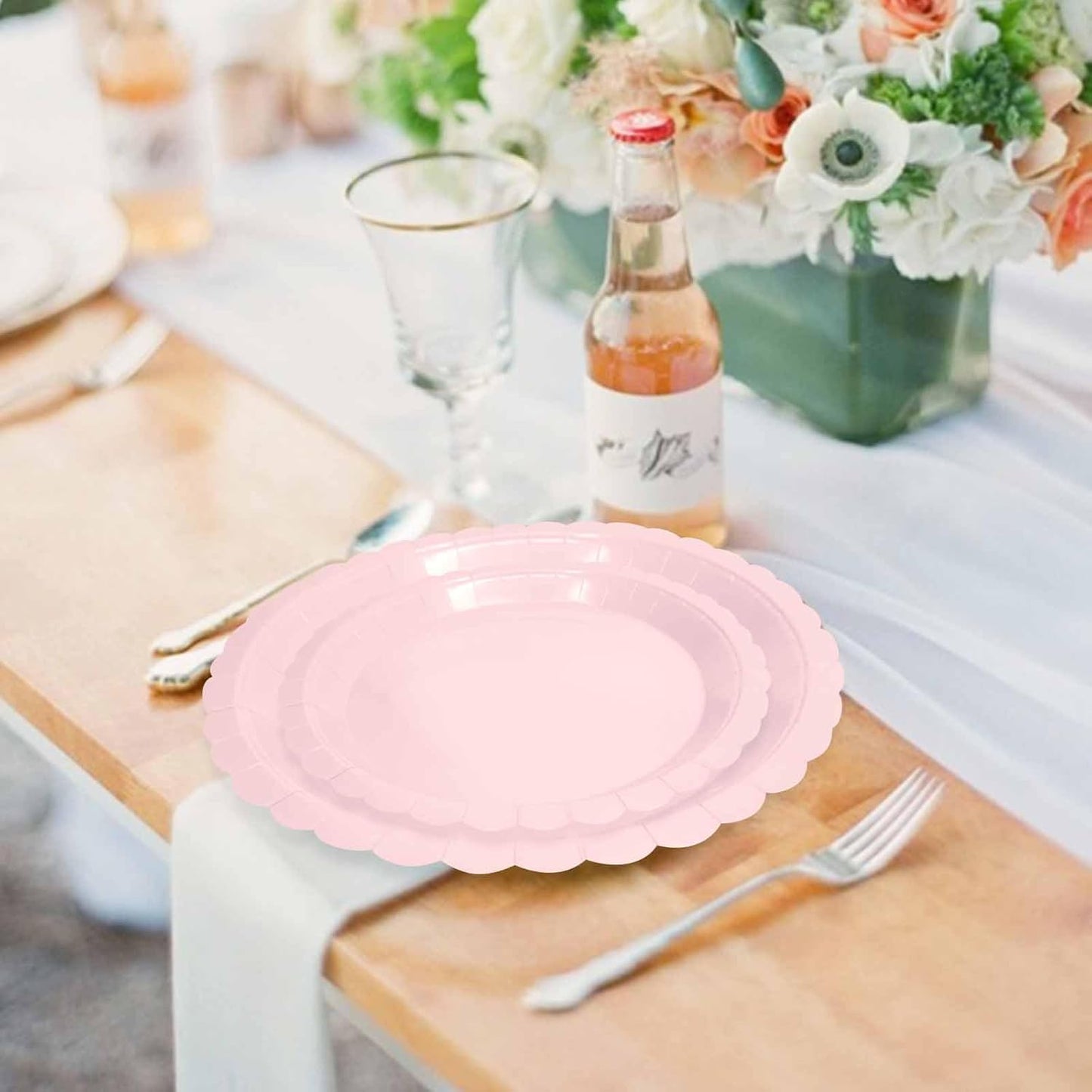 50 Pcs Light Pink Scalloped Paper Plates 25 × 7'' and 25 × 9'' Disposable Pink Scalloped Dinner Plates for Wedding Baby Shower Birthday Party Disposable Dessert Plate