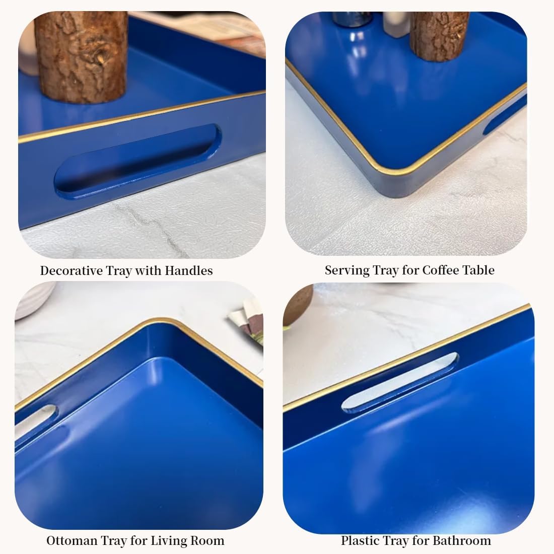 Navy Blue Serving Tray with Handles, Rectangular Decorative Tray for Coffee Table, Plastic Rectangular Tray for Ottoman, Living Room, Bathroom, Home Decor 15.7” x 10.2” x1.37”