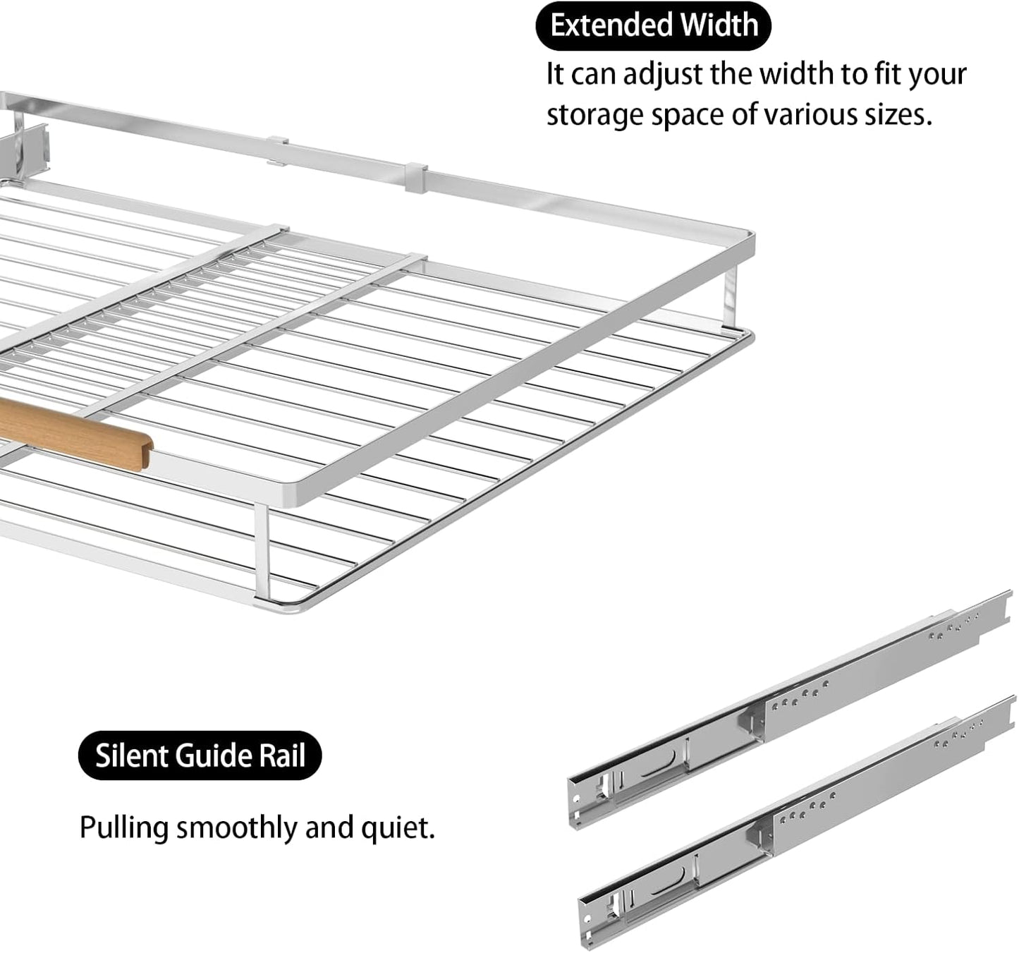 Pull Out Cabinet Organizer Expandable Slide Out Kitchen Cabinet Drawer Heavy Duty Stainless Steel Storage Shelf Rack for Base Cabinet Pantry Closet Under Sink Divider Organization