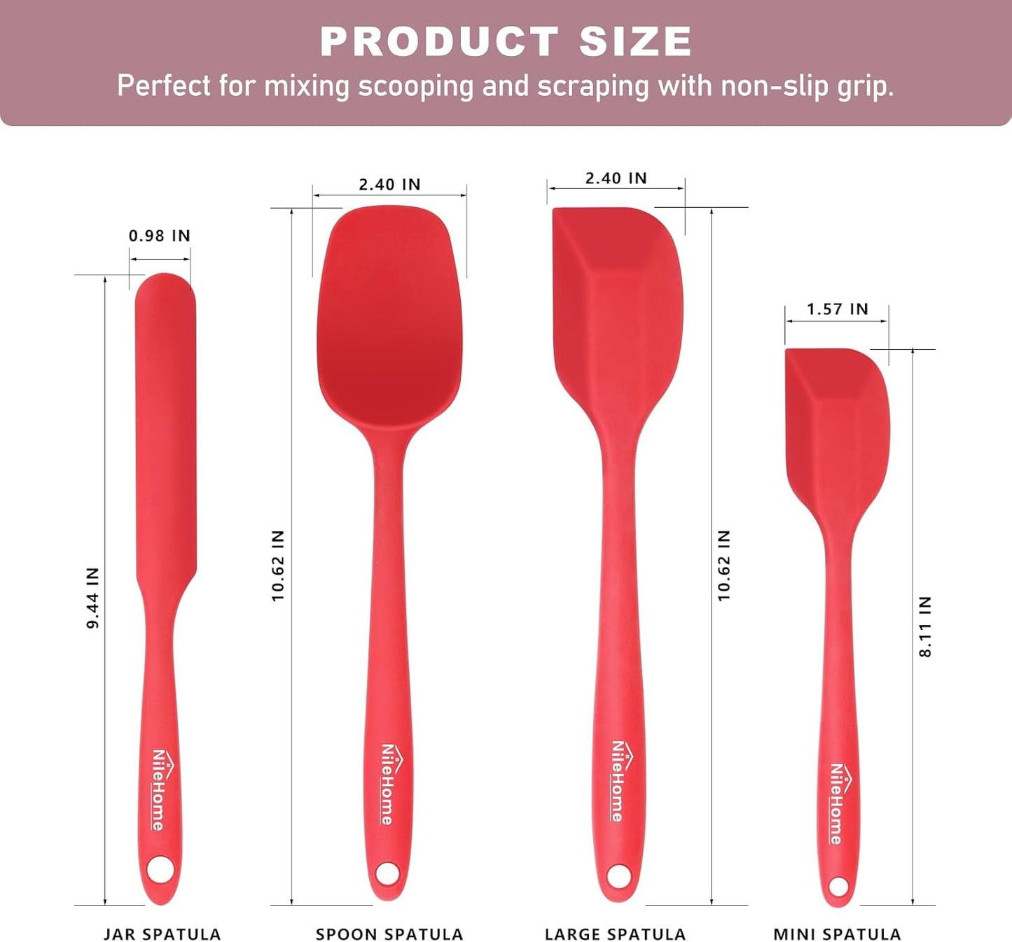 NileHome Silicone Spatula Set, Rubber Spatula High Heat-Resistant Premium BPA-Free One Piece Seamless Design Cooking Spatulas Utensils Set for Kitchen 4Pack(Red)