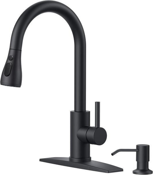 FORIOUS Black Kitchen Faucet with Soap Dispenser, Single Handle Stainless Steel Transitional Sink Faucet with Pull Down Sprayer 1 or 3 Hole, Suitable for Farmhouse Laundry Camper RV Bar