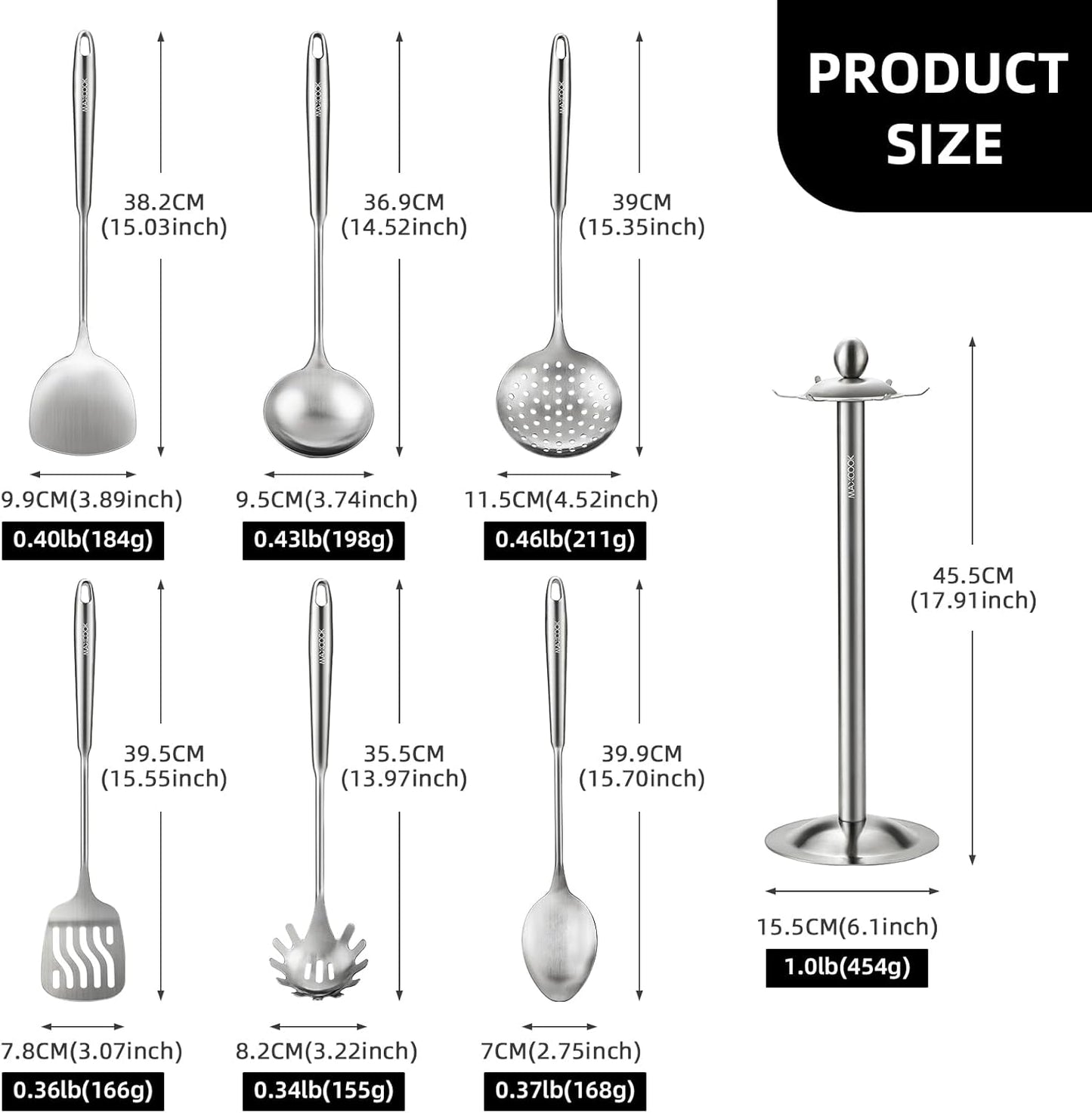 Cooking Utensils set, 18/8 Stainless Steel Kitchen Utensils set, 7 Pieces Cookware Set with Rotating Holder, Heat Resistant Stainless Steel Cooking Spoon(Dishwasher Safe)