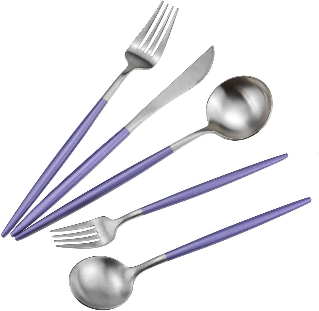 Gugrida Luxury Flatware, Royal 5 Piece Matte Purple Handle 18/10 Stainless Steel Tableware Sets for 1 Including Forks Spoons Knives, Camping Silverware Travel Utensils Set Cutlery (Purple Silver)