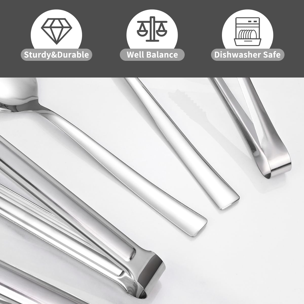 12 Piece Serving Utensils Set, Amafox Stainless Steel Kitchen Utensils Include Spoons, Slotted Spoons, Appetizer Tongs, Ice Tongs, Mirror Polished Utensils Set for Party, Dishwasher Safe (Silver)