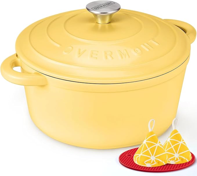 Overmont Enameled Cast Iron Dutch Oven - 5.5QT Pot with Lid Cookbook & Cotton Potholders - Heavy-Duty Cookware for Braising, Stews, Roasting, Bread Baking Goose Yellow
